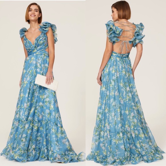 sachin and babi light blue dress Mac Duggal Mock Neck Ruffle Shoulder Floral Printed Chiffon Maxi Dress main image 1